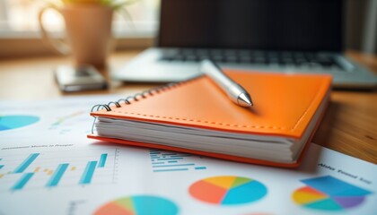 Aufkleber - Orange notebook sits on wooden desk beside colorful charts, silver pen. Business analysis financial planning documents present. Workspace organized, professional. Modern office setting. Business