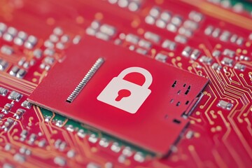 Poster - Security Concept with Lock Icon on Microchip Circuit Background in Red Tone