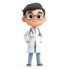 a 3d isolated cartoon character of a doctor wearing glasses, isolated, white background