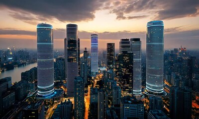 Wall Mural - Time lapse of sunset in modern Asian capital city. Drone camera fly above futuristic skyscrapers of financial and business area.