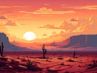 Wall Mural - Vibrant sunset over a vast desert landscape with cacti and rocky mountains.