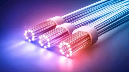 Poster - Illuminated Fiber Optic Cables on Blue Background, High-Speed Data Transfer, AI Generated Image.