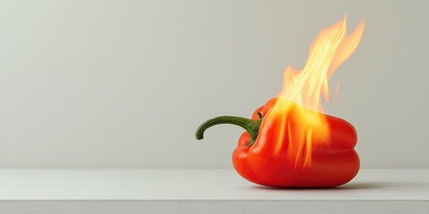 Wall Mural - A red pepper is on a white countertop with a flame coming out of it. Concept of danger and destruction, as the pepper is being consumed by the fire