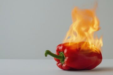 Wall Mural - A red pepper is on a white background with a flame on top of it. Concept of heat and intensity, as the pepper is surrounded by the flames. The contrast between the bright red pepper
