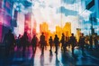 © Sarinya - Urban businesspeople walking through modern cityscape with vibrant reflections