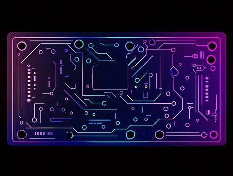 Abstract circuit board design with neon purple and blue lines on dark background.