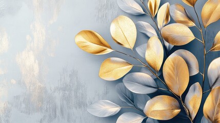 Wall Mural - Elegant Gold and Silver Leaves on Soft Blue Background Decoration