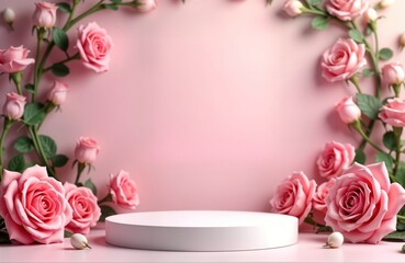 Aufkleber - White podium surrounded by pink roses. Elegant, romantic scene. Product display platform. Springtime Valentine Day concept. Suitable for cosmetics gift presentation. Blank space for product