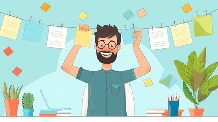 Poster - Happy man organizing sticky notes at his desk.