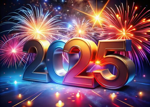Happy New year with numbers 2025 with date on fireworks background and design template.