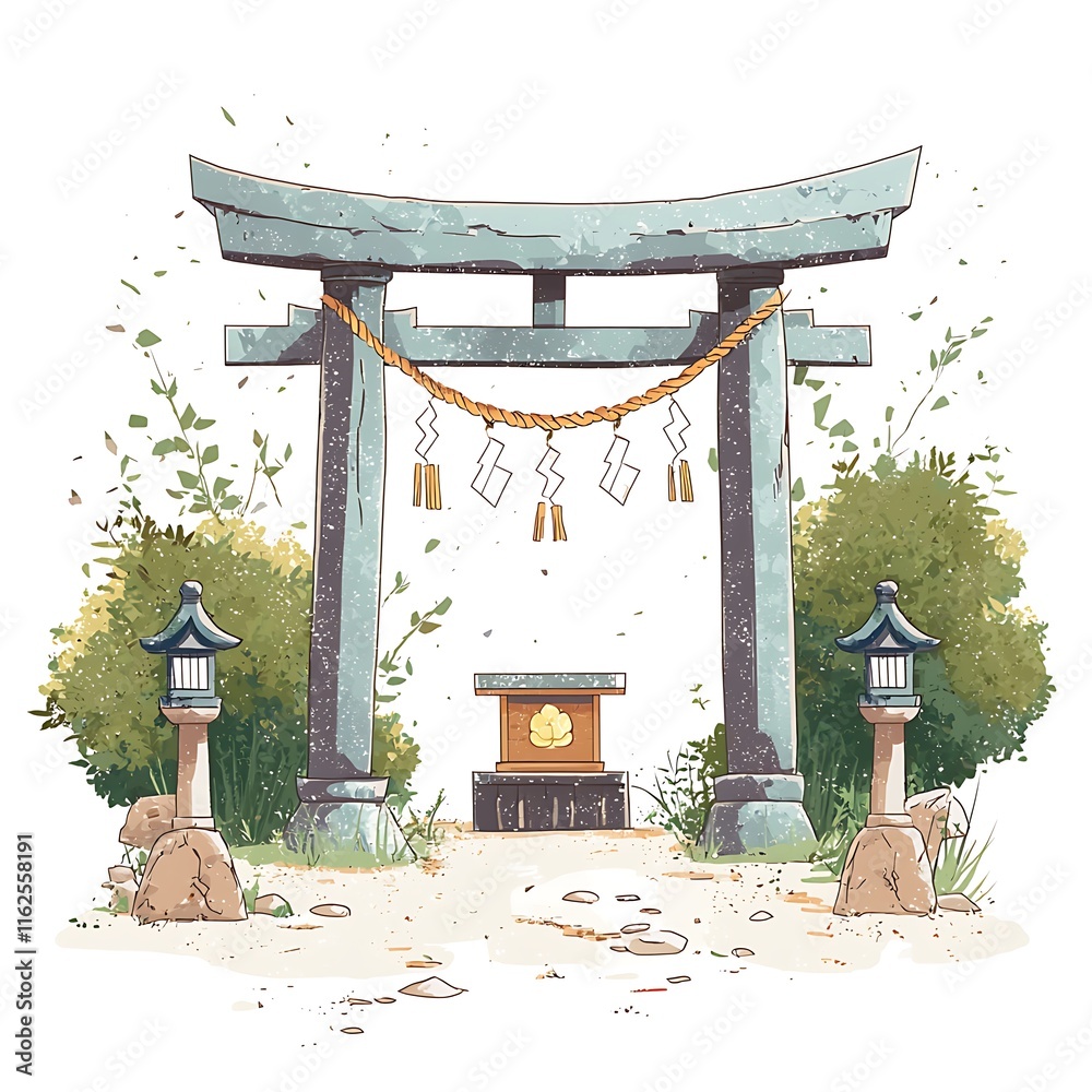 Serene Illustration of a Traditional Japanese Torii Gate with Shrine ...