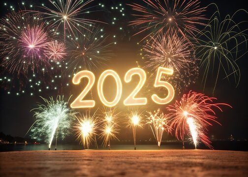 Happy New year with numbers 2025 with date on fireworks background and design template.