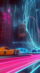 Aufkleber - Futuristic Cityscape With Neon Lights and Flying Cars Creating a Vibrant Atmosphere at Night