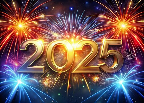 Happy New year with numbers 2025 with date on fireworks background and design template.