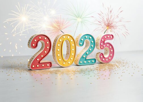 Happy New year with numbers 2025 with date on fireworks background and design template.
