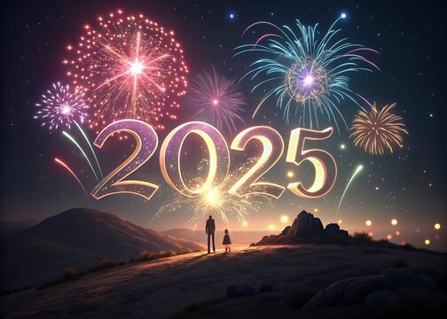 Happy New year with numbers 2025 with date on fireworks background and design template.