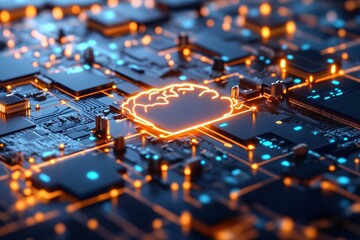 Poster - Futuristic Neural Network Concept on Microchip with Glowing Elements and Dark Background