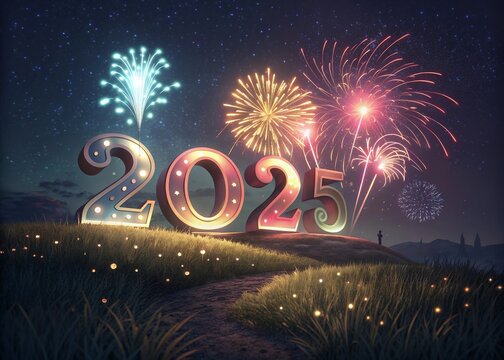 Happy New year with numbers 2025 with date on fireworks background and design template.