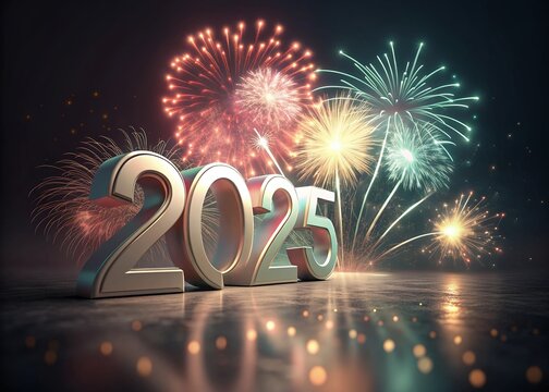 Happy New year with numbers 2025 with date on fireworks background and design template.