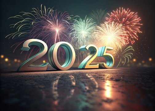 Happy New year with numbers 2025 with date on fireworks background and design template.