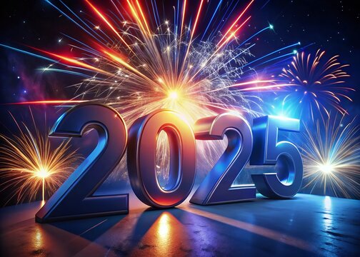 Happy New year with numbers 2025 with date on fireworks background and design template.