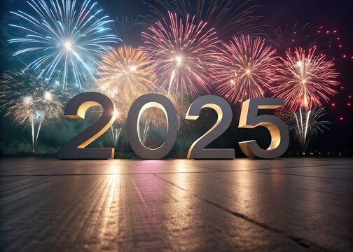 Happy New year with numbers 2025 with date on fireworks background and design template.