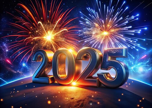 Happy New year with numbers 2025 with date on fireworks background and design template.