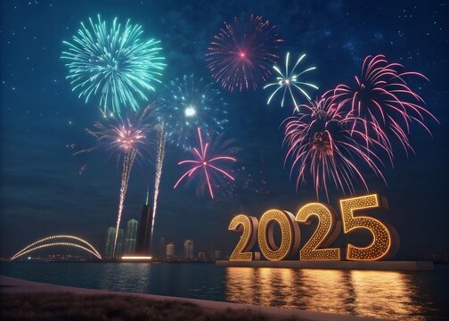 Happy New year with numbers 2025 with date on fireworks background and design template.