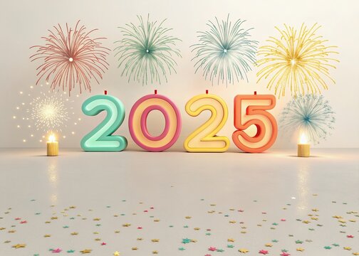 Happy New year with numbers 2025 with date on fireworks background and design template.