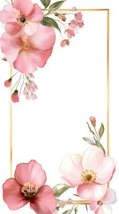 Poster - Delicate golden frame adorned with blush pink blooms, verdant leaves, green buds against transparent backdrop, evoking romantic elegance