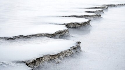 Poster - Rippling Water Laps Gently Against Weathered Rocks at the Shoreline During Early Morning Light