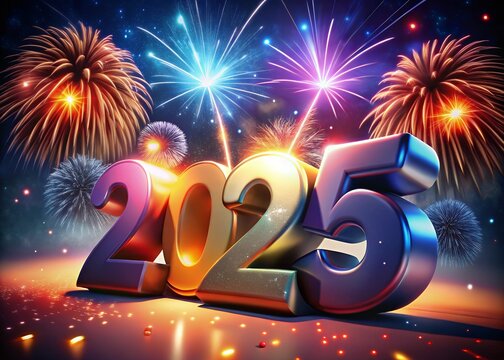 Happy New year with numbers 2025 with date on fireworks background and design template.