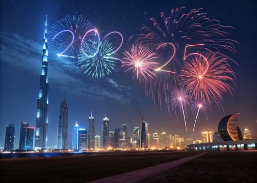 Happy New year with numbers 2025 with date on fireworks background and design template.