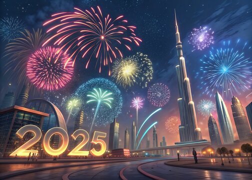 Happy New year with numbers 2025 with date on fireworks background and design template.