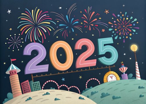 Happy New year with numbers 2025 with date on fireworks background and design template.