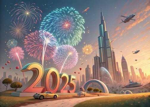 Happy New year with numbers 2025 with date on fireworks background and design template.