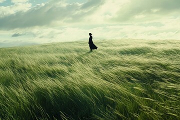 Poster - Solitary Figure in a Windswept Grassland Field