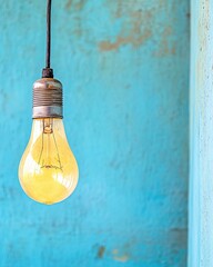 Poster - Illuminating the Moment in a Tranquil Space With a Glowing Light Bulb Against a Blue Backdrop