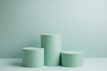 Poster - Minimalist display with three circular podiums in soft green tones against a backdrop