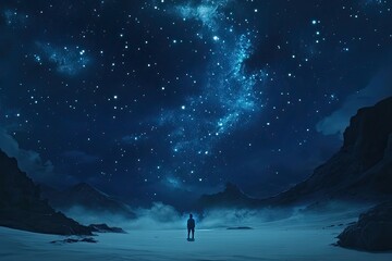 Wall Mural - solitary figure gazes at a starry night sky above snowy mountains