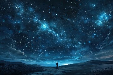 Wall Mural - solitary figure gazing at a celestial night sky
