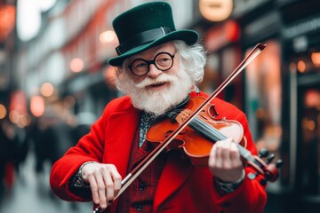 An Irish street performer playing traditional music on a fiddle in a lively city square