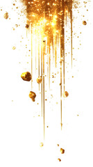 Poster - Golden rain dripping and sparkling on a transparent background, with golden nuggets falling down