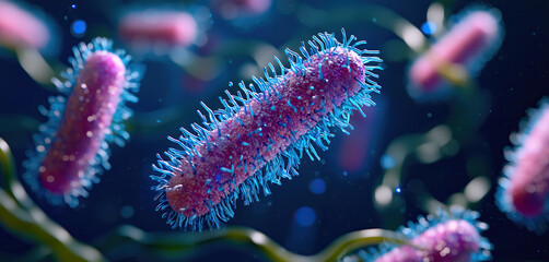 Poster - Microscopic view of rod shaped bacteria with hair like structures 3D rendering