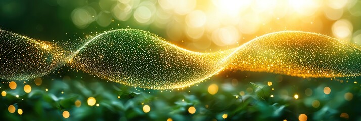 Poster - Golden particles flowing through lush green nature Magical ethereal and vibrant