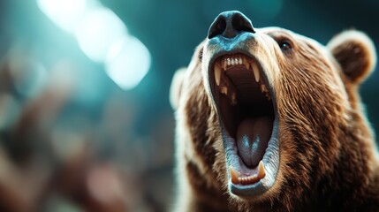 with mouth wide open, a majestic bear demonstrates ferocity and strength, embodying the wild, untame
