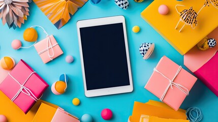Poster - E-commerce background with a blank tablet screen and shopping elements