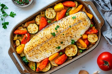 Wall Mural - Freshly baked fish resting atop a colorful bed of roasted vegetables from the oven