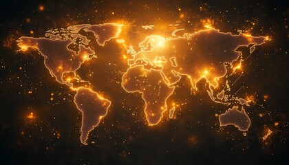 Poster - An intricate 3D visualization of a world map with illuminated lights and digital connections, symbolizing global networking on a dark background