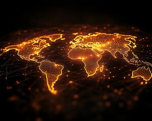 Poster - A creative 3D illustration of a glowing digital world map contour, with connected lines and nodes symbolizing big data and internet technologies on a dark background